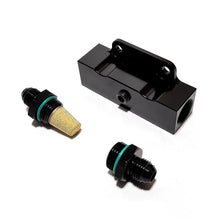ProTunerz -6AN inline fuel filter with black anodized 6061-T6 billet aluminum body, 30-micron brass filter element, and 1/8 NPT pressure sensor port.